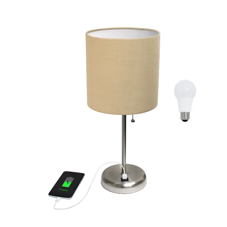 20" Silver Metal USB Table Lamp LED With Tan Drum Shade