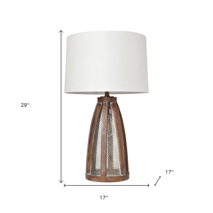 29" Natural Manufactured Wood And Metal Round Table Lamp With White Drum Shade