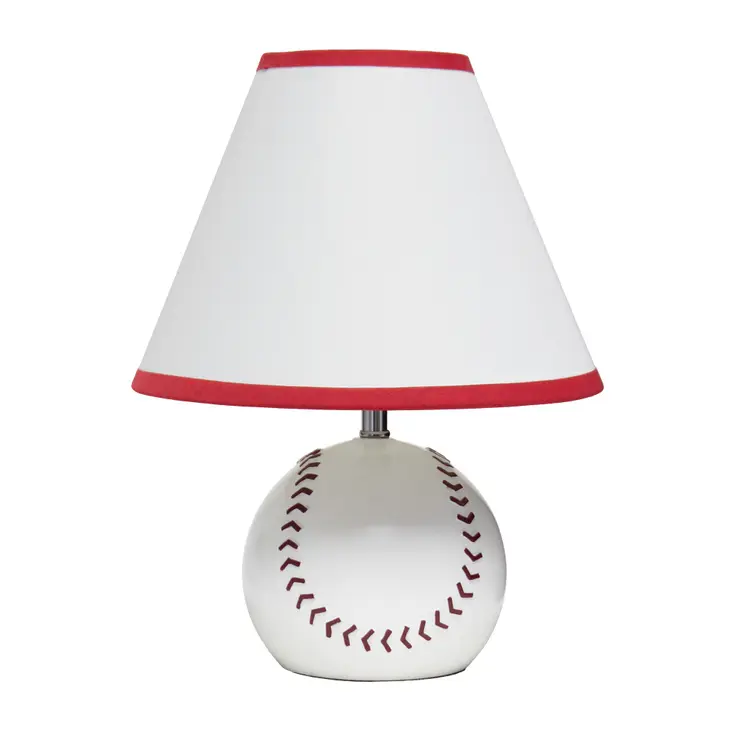 12" White And Red Ceramic Round Table Lamp With White And Red Empire Shade