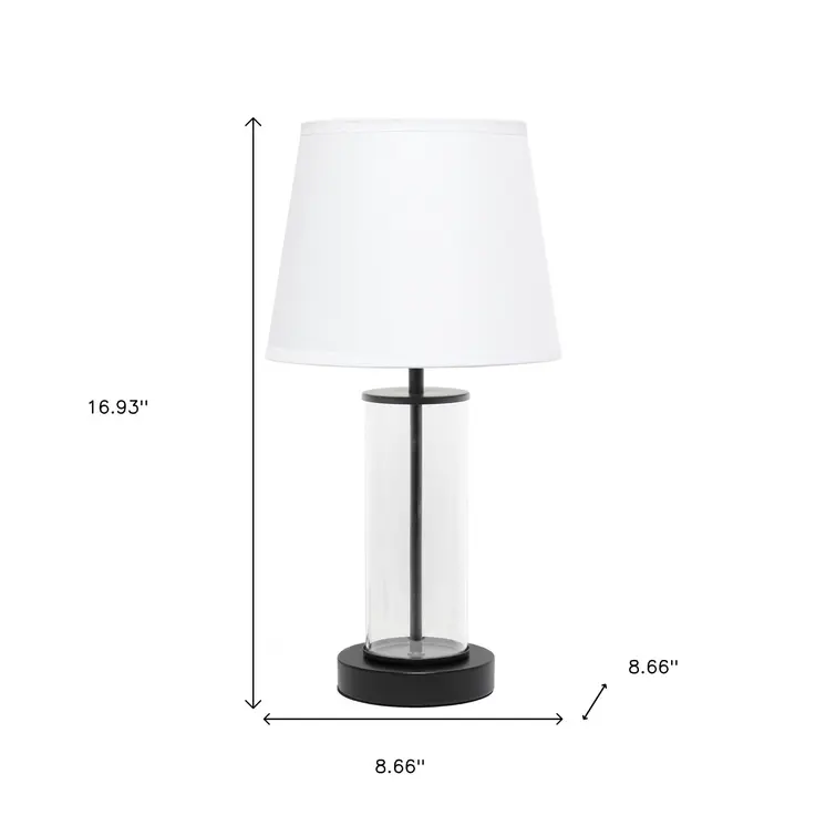 17" Black And Clear Glass And Metal Table Lamp With White Drum Shade