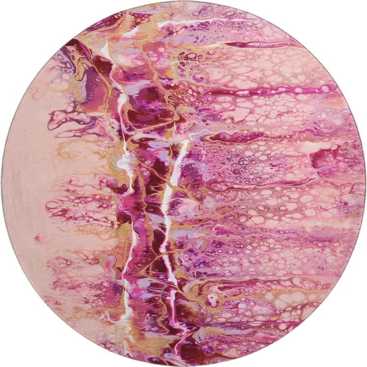 8' Raspberry Ivory And Gold Round Abstract Washable Indoor Outdoor Area Rug