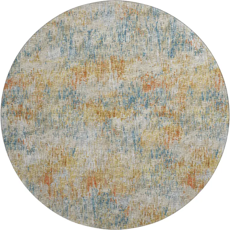 8' Gold Beige And Orange Round Abstract Washable Indoor Outdoor Area Rug