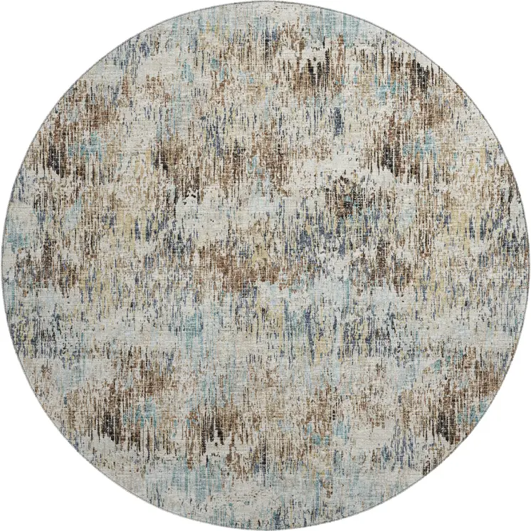 8' Midnight Ivory And Beige Round Abstract Washable Indoor Outdoor Area Rug
