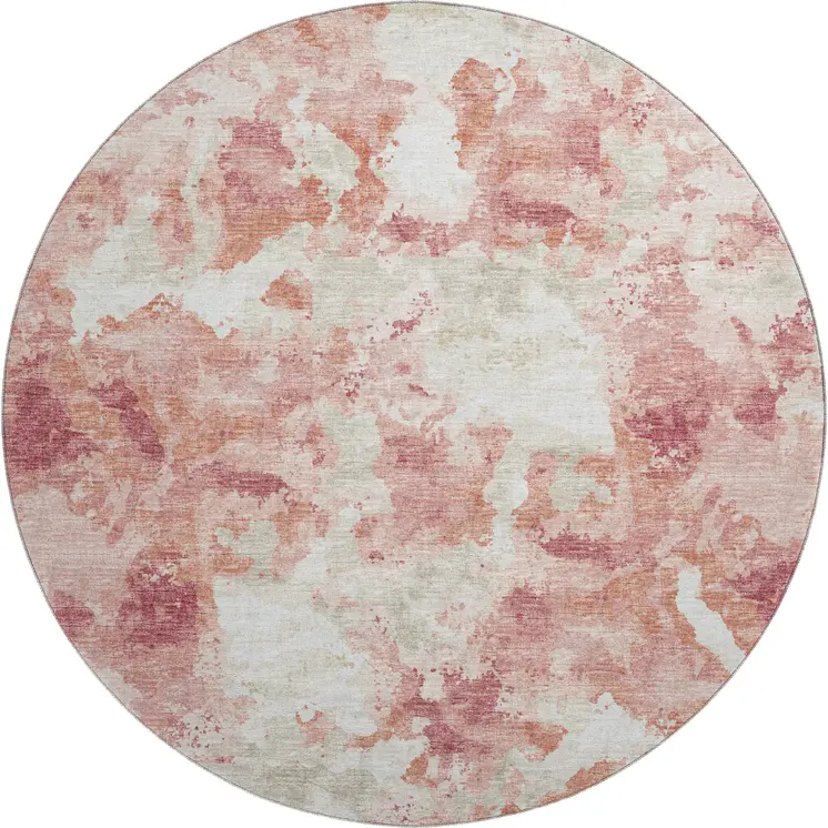 8' Pink And Ivory Round Abstract Washable Indoor Outdoor Area Rug