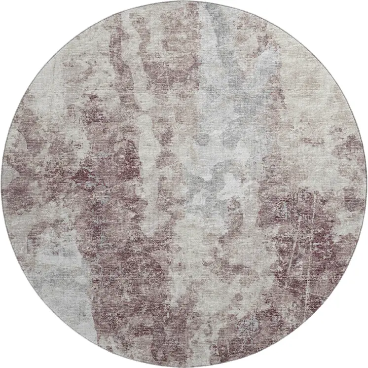 8' Plum And Ivory Round Abstract Washable Indoor Outdoor Area Rug