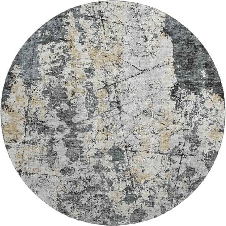 8' Black Ivory And Gold Round Abstract Washable Indoor Outdoor Area Rug