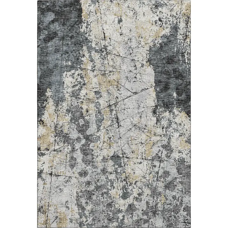8' X 10' Black Ivory And Gold Abstract Washable Indoor Outdoor Area Rug