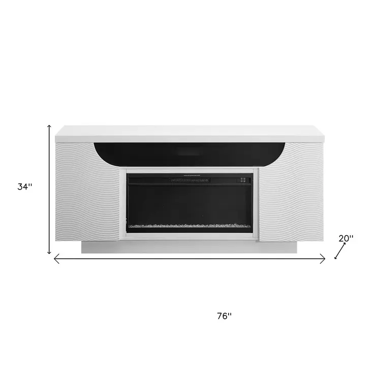 76" White Ribbed Wood Electric Storage Cabinet Fireplace With LED And Speaker