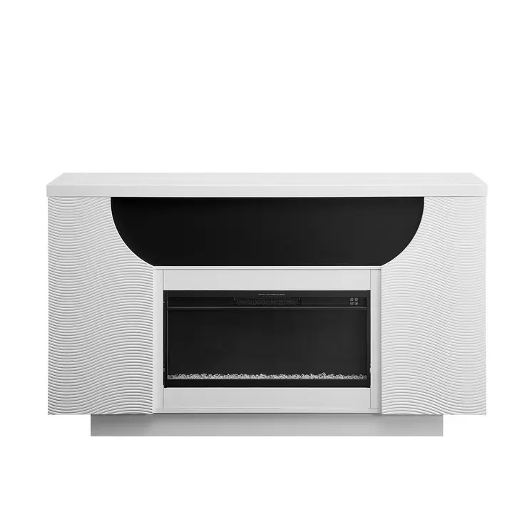 76" White Ribbed Wood Electric Storage Cabinet TV Fireplace With LED And Speaker