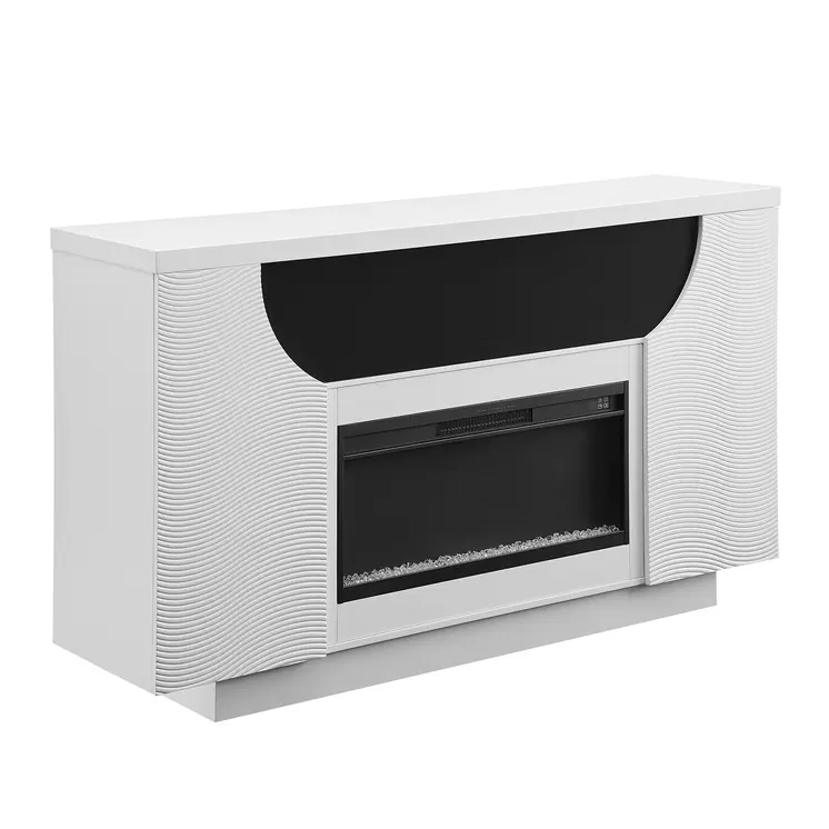 76" White Ribbed Wood Electric Storage Cabinet TV Fireplace With LED And Speaker