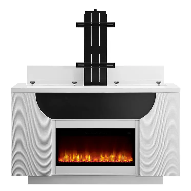 76" White Ribbed Wood Electric Storage Cabinet TV Fireplace With LED And Speaker
