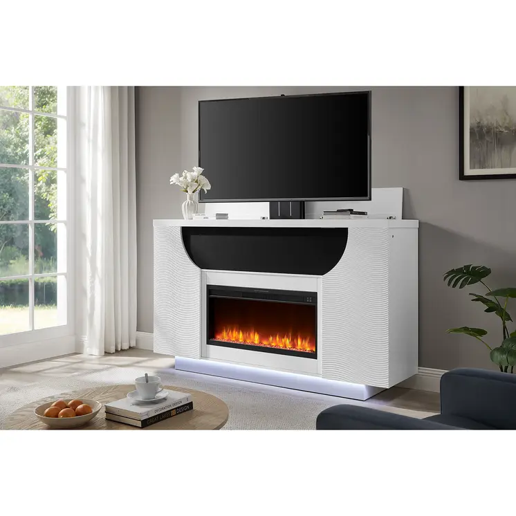 76" White Ribbed Wood Electric Storage Cabinet TV Fireplace With LED And Speaker