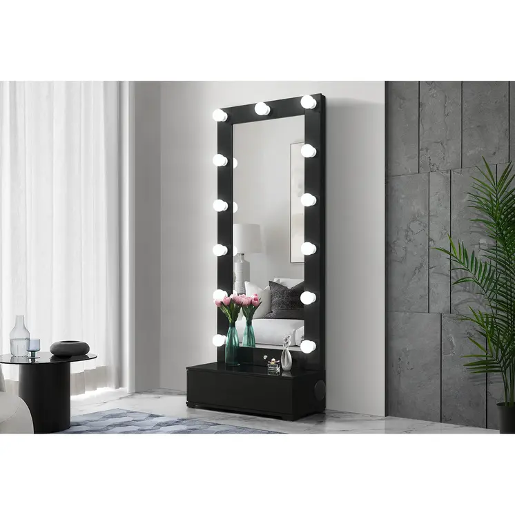 74" Black Wood Lighted Freestanding Framed Full Length Mirror