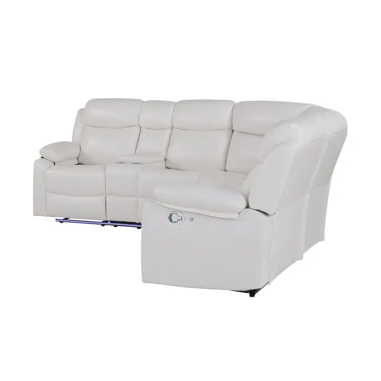 Off White Faux Leather Reclining Curved Six Piece Sectional With LED And Console