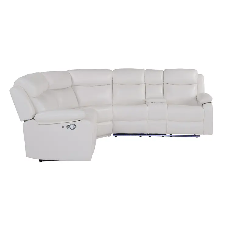 Off White Faux Leather Reclining Curved Six Piece Sectional With LED And Console