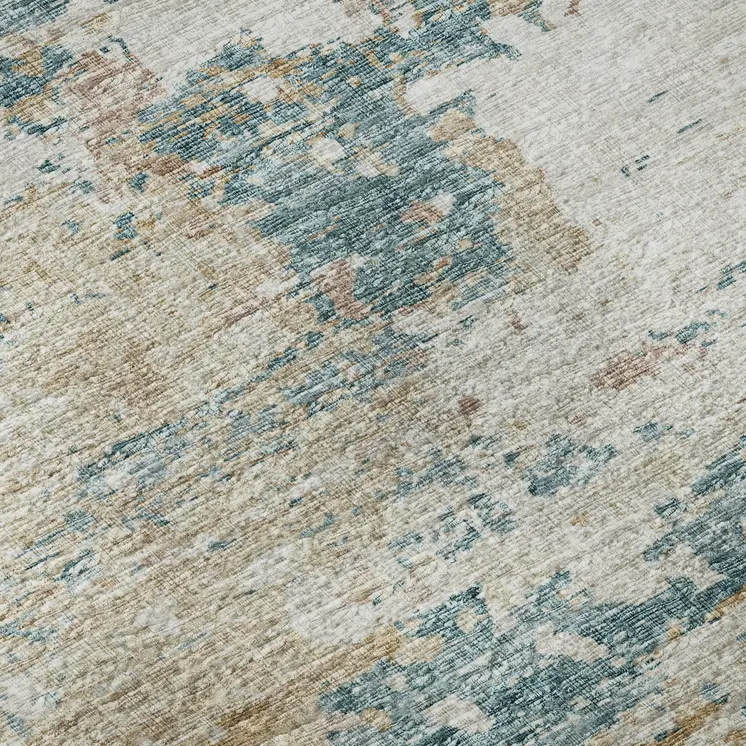 3' X 5' Teal Blue Ivory And Copper Abstract Washable Area Rug With UV Protection