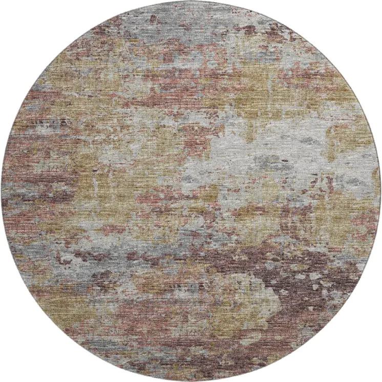 8' Silver Mauve And Gold Abstract Washable Round Rug With UV Protection