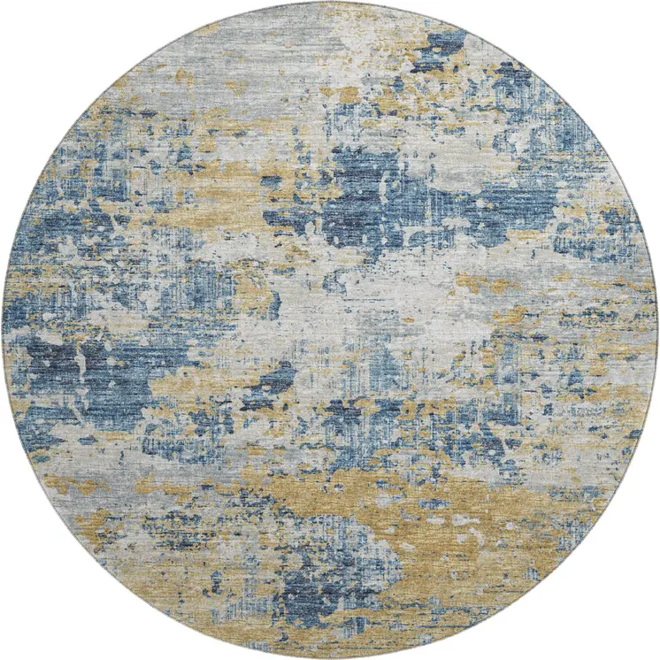 8' Blue Ivory And Gold Abstract Washable Round Rug With UV Protection