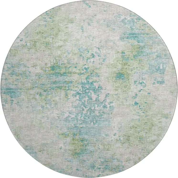 8' Green Ivory And Teal Blue Abstract Washable Round Rug With UV Protection