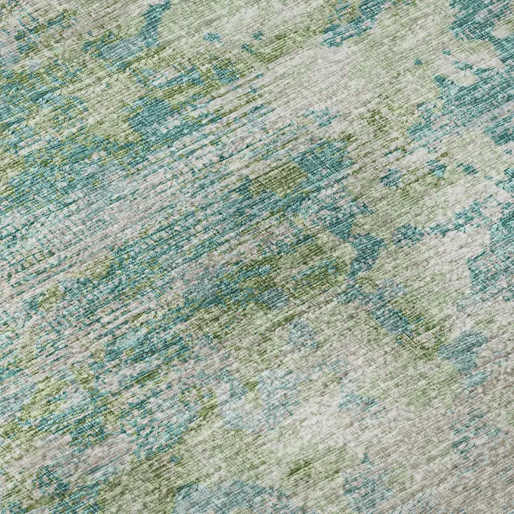 10' X 14' Green Ivory And Teal Blue Abstract Washable Area Rug With UV Protection