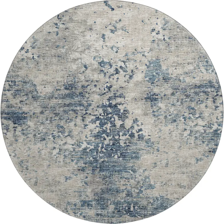 8' Blue And Ivory Abstract Washable Round Rug With UV Protection