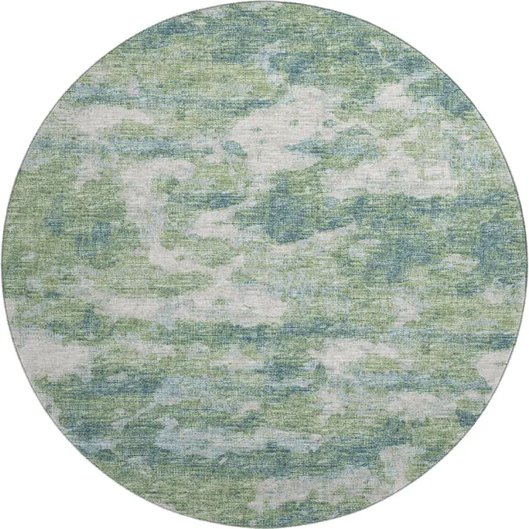 8' Green And Ivory Abstract Washable Round Rug With UV Protection