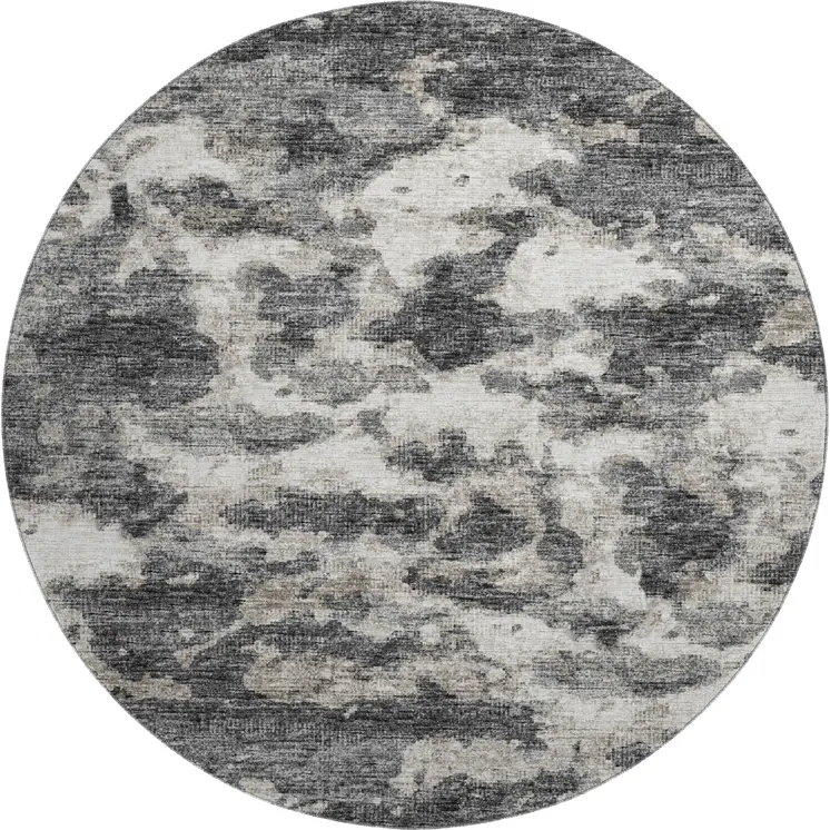 8' Black And Ivory Abstract Washable Round Rug With UV Protection