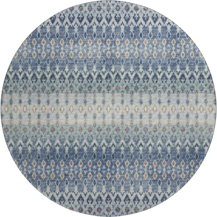 8' Aqua Gray And Orange Tribal Washable Round Rug With UV Protection