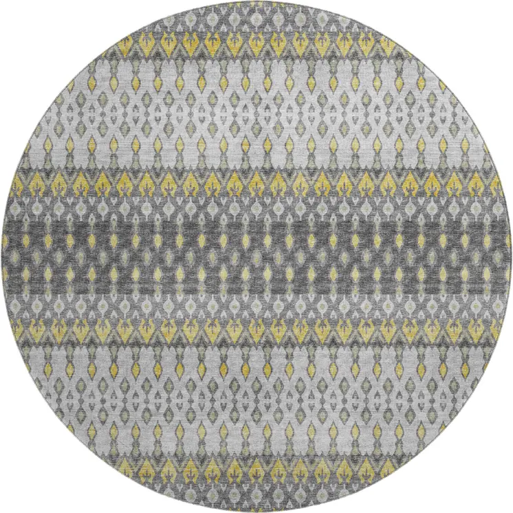 8' Gray And Gold Tribal Washable Round Rug With UV Protection