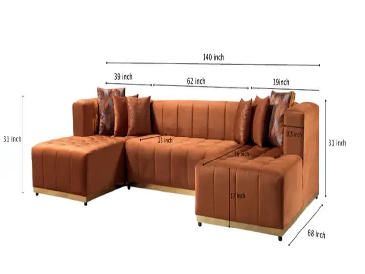 Orange Velvet U Shaped Three Piece Sofa and Chaise Sectional With Toss Pillows
