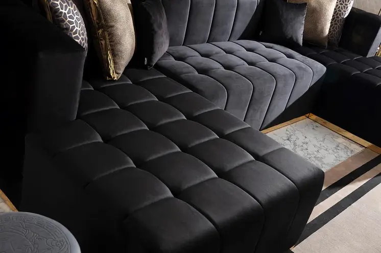 Black Velvet U Shaped Three Piece Sofa and Chaise Sectional With Toss Pillows