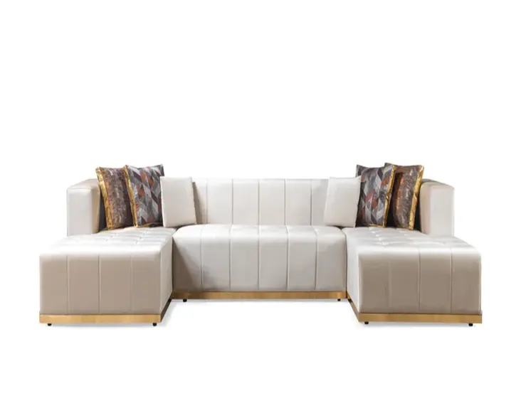 Ivory Velvet U Shaped Three Piece Sofa and Chaise Sectional With Toss Pillows