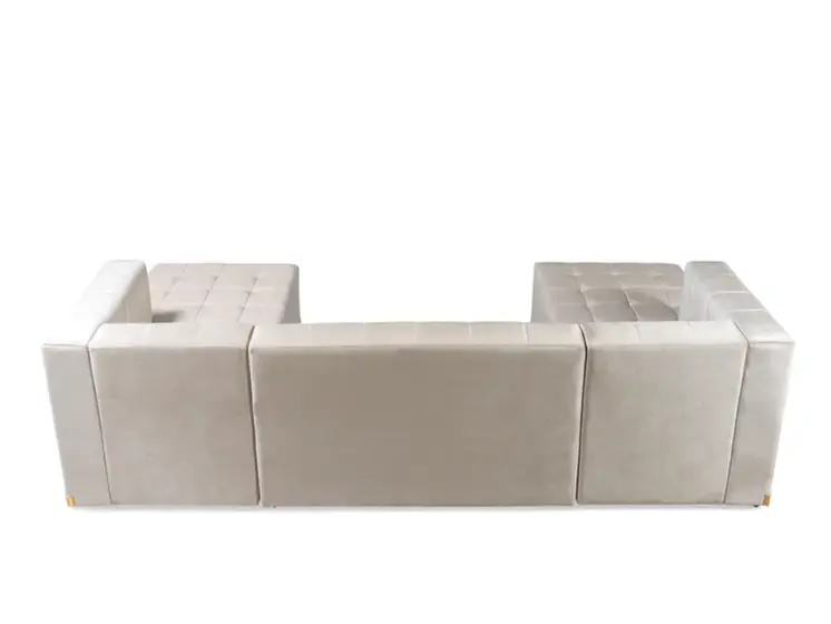 Ivory Velvet U Shaped Three Piece Sofa and Chaise Sectional With Toss Pillows