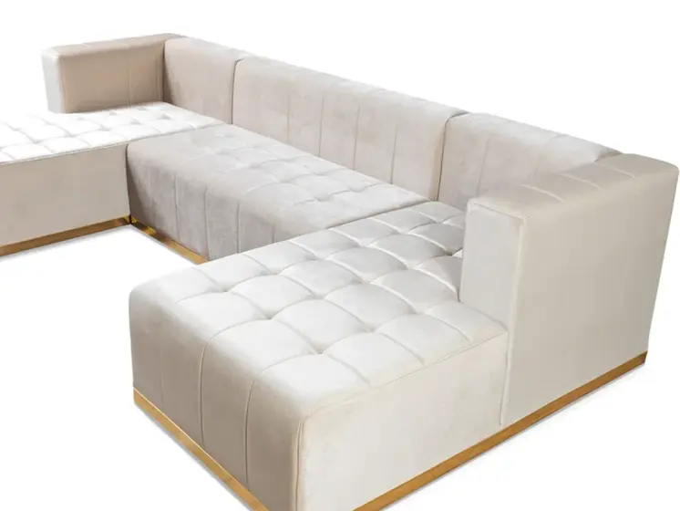 Ivory Velvet U Shaped Three Piece Sofa and Chaise Sectional With Toss Pillows