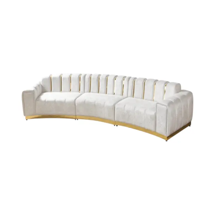 Gold And White Velvet Curved Three Piece Sectional With Toss Pillows