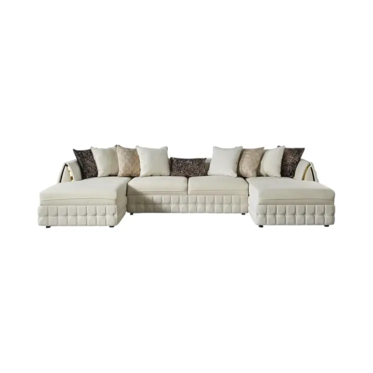 Cream Velvet U Shaped Sofa and Chaise Sectional With Toss Pillows
