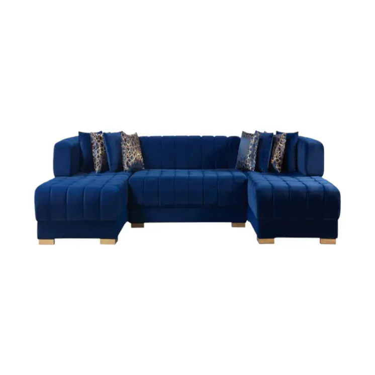 Blue Velvet U Shaped Three Piece Sofa and Chaise Sectional With Toss Pillows