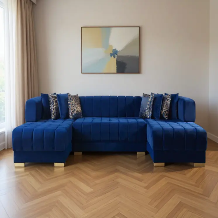 Blue Velvet U Shaped Three Piece Sofa and Chaise Sectional With Toss Pillows