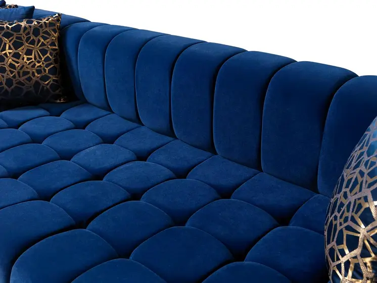 Blue Velvet U Shaped Three Piece Sofa and Chaise Sectional With Toss Pillows