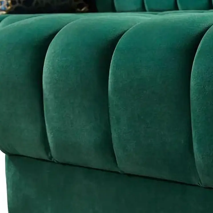 Green Velvet U Shaped Three Piece Sofa and Chaise Sectional With Toss Pillows