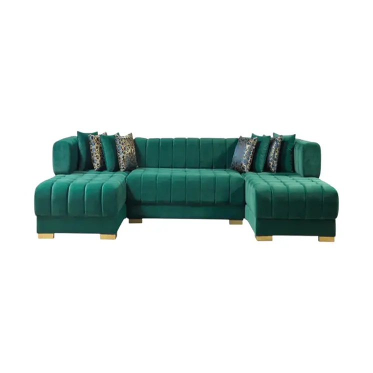 Green Velvet U Shaped Three Piece Sofa and Chaise Sectional With Toss Pillows
