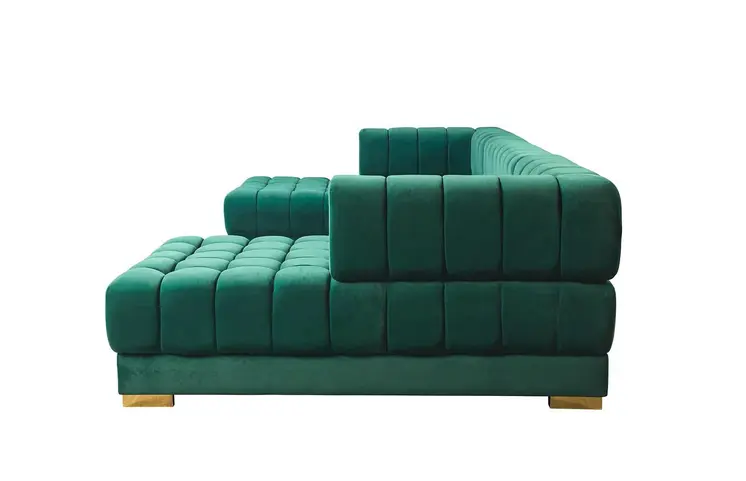 Green Velvet U Shaped Three Piece Sofa and Chaise Sectional With Toss Pillows