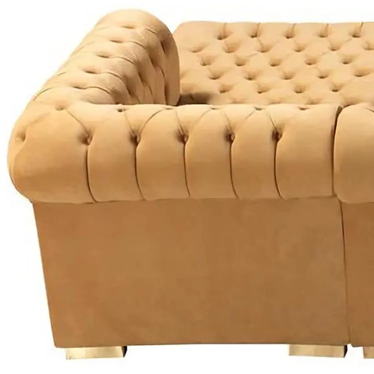 Mustard Velvet U Shaped Three Piece Sofa and Chaise Sectional With Toss Pillows