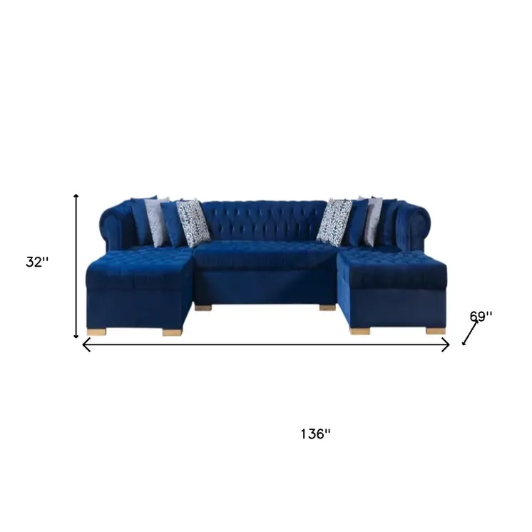 Blue Velvet U Shaped Three Piece Sofa and Chaise Sectional With Toss Pillows