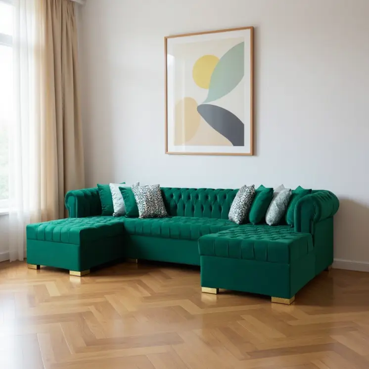Green Velvet U Shaped Three Piece Sofa and Chaise Sectional With Toss Pillows