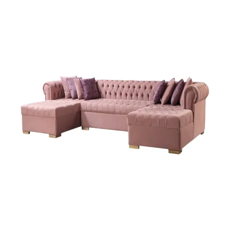 Pink Velvet U Shaped Three Piece Sofa and Chaise Sectional With Toss Pillows