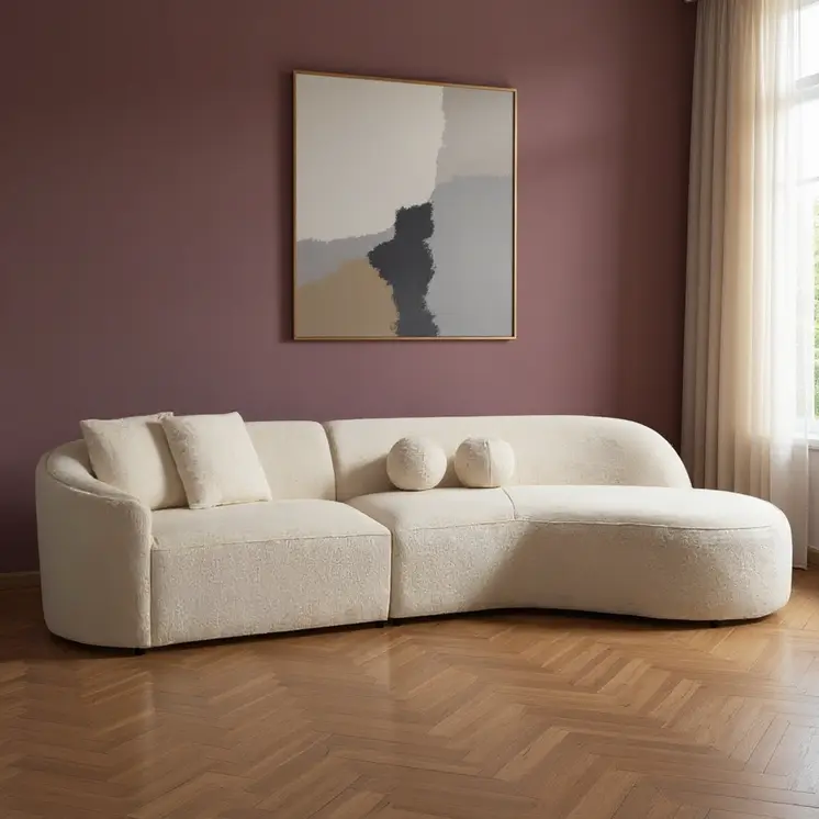 Ivory Boucle Modular Curved Two Piece Sofa and Chaise Sectional With Toss Pillows