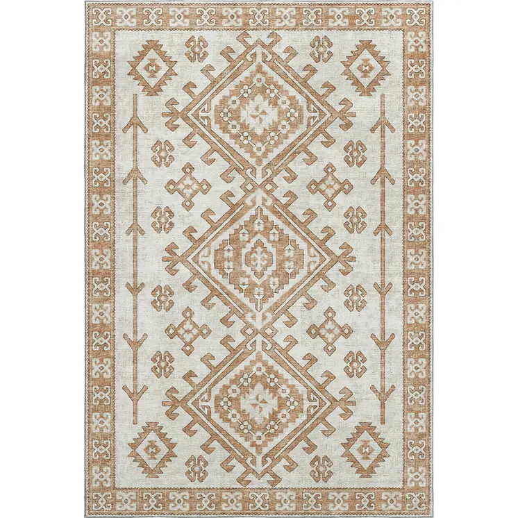 5' X 8' Burnt Sienna And Beige Geometric Washable Area Rug With UV Protection