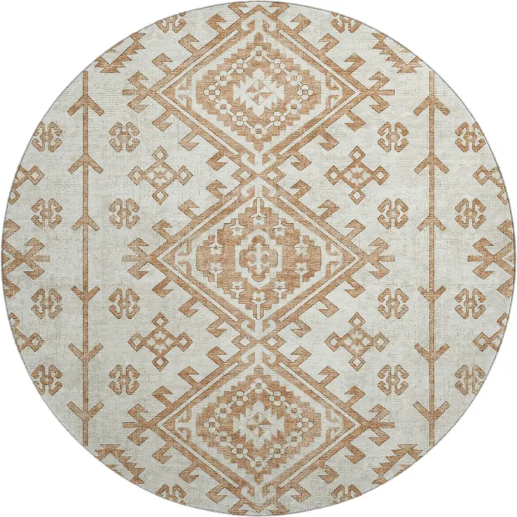 8' Burnt Sienna And Beige Geometric Washable Round Rug With UV Protection