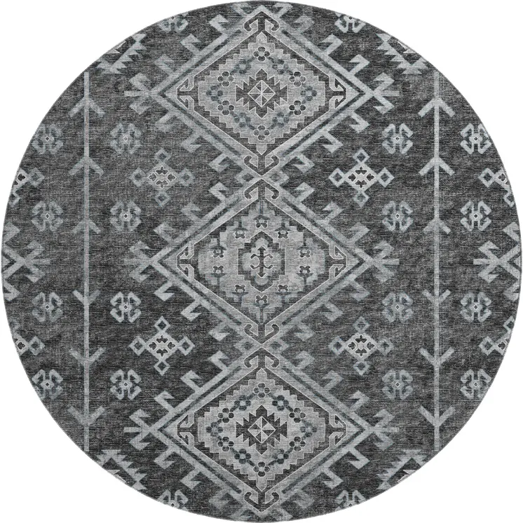 8' Graphite And Charcoal Geometric Washable Round Rug With UV Protection